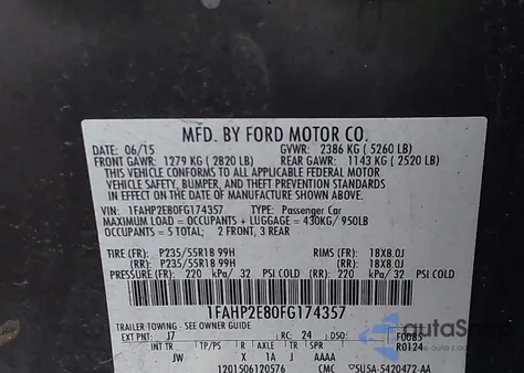 2015 Ford Taurus Sel из США, поврежденный, VIN 1FAHP2E80FG174357